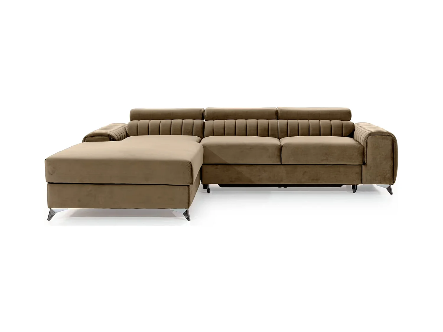 Canapé d'angle convertible velours têtière réglables GRENKY - Coffre, pieds acier chromé-Marron clair-angle gauche