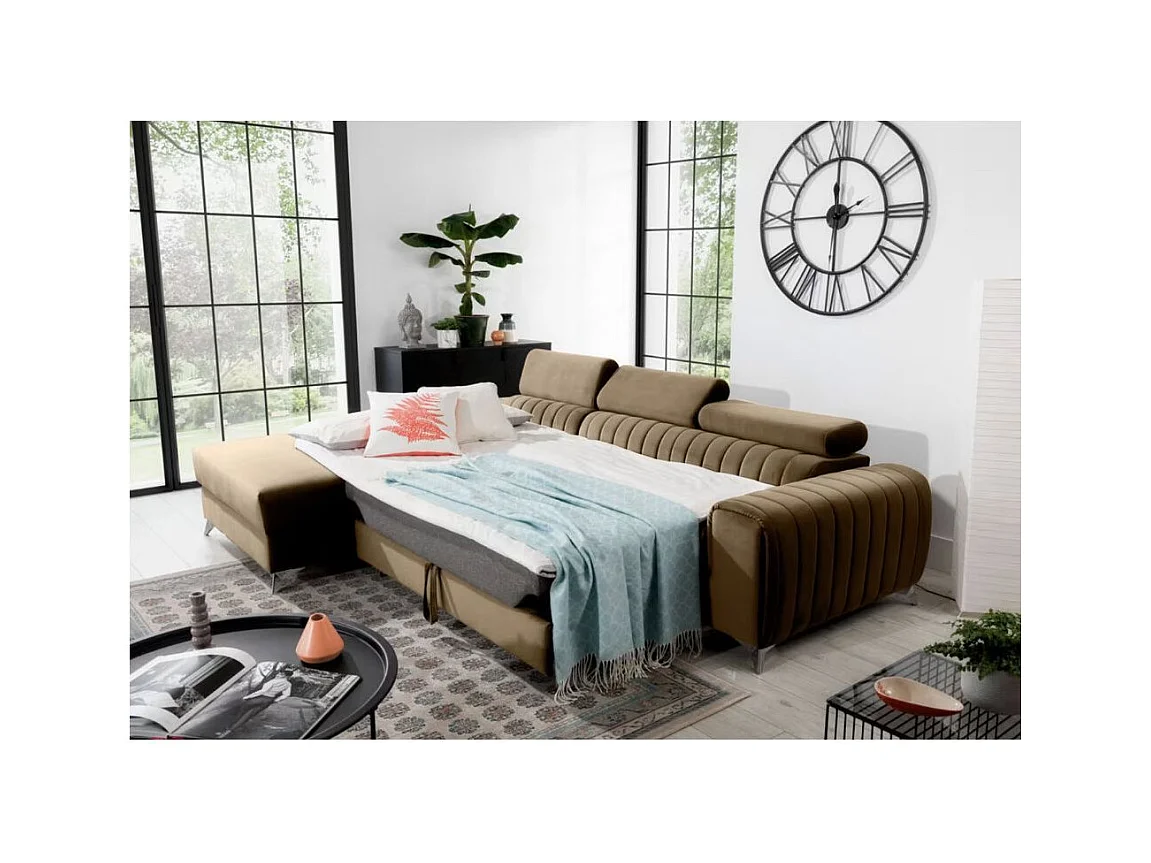 Canapé d'angle convertible velours têtière réglables GRENKY - Coffre, pieds acier chromé-Marron clair-angle gauche