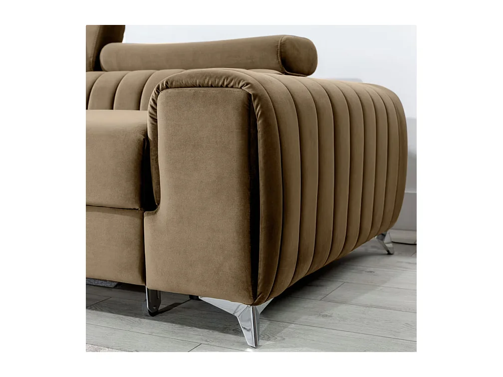 Canapé d'angle convertible velours têtière réglables GRENKY - Coffre, pieds acier chromé-Marron clair-angle gauche