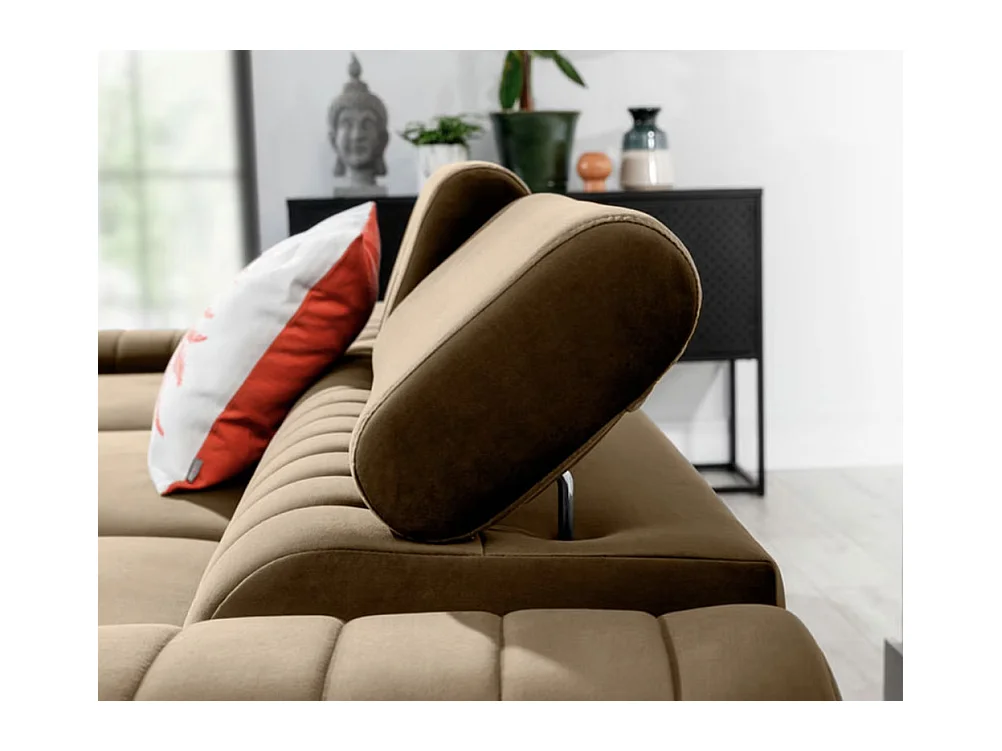 Canapé d'angle convertible velours têtière réglables GRENKY - Coffre, pieds acier chromé-Marron clair-angle gauche