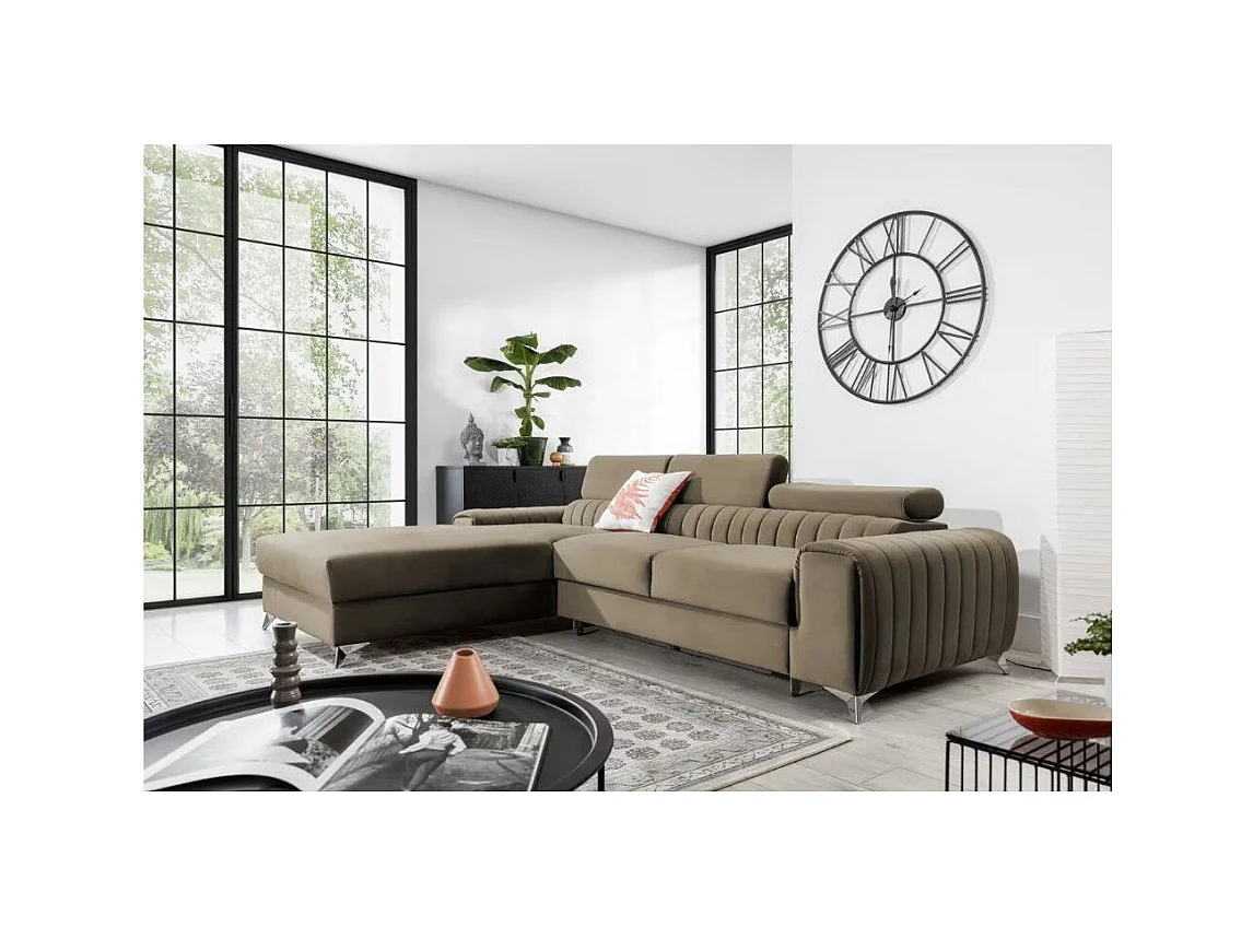 Canapé d'angle convertible velours têtière réglables GRENKY - Coffre, pieds acier chromé-Marron clair-angle gauche