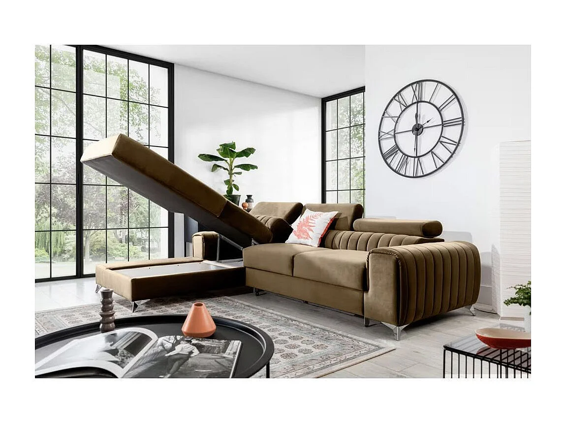 Canapé d'angle convertible velours têtière réglables GRENKY - Coffre, pieds acier chromé-Marron clair-angle gauche