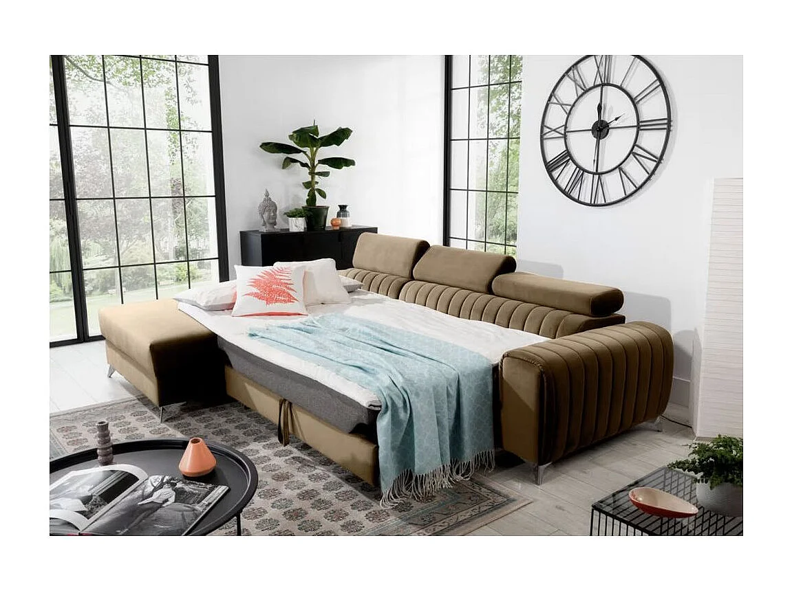 Canapé d'angle convertible velours têtière réglables GRENKY - Coffre, pieds acier chromé-Marron clair-angle gauche