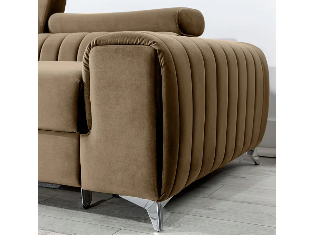 Canapé d'angle convertible velours têtière réglables GRENKY - Coffre, pieds acier chromé-Marron clair-angle gauche