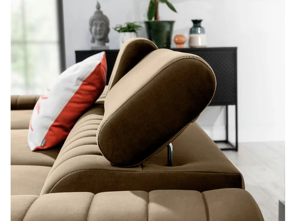 Canapé d'angle convertible velours têtière réglables GRENKY - Coffre, pieds acier chromé-Marron clair-angle gauche