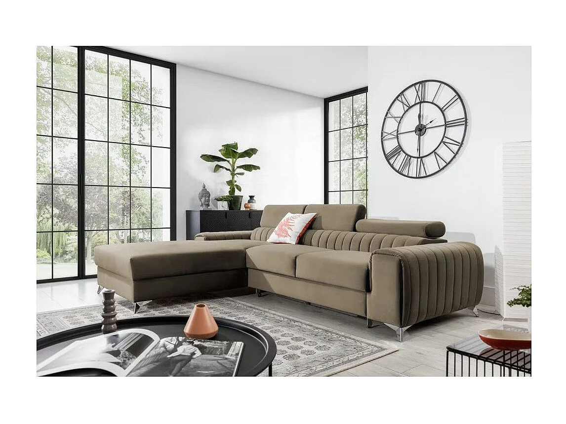 Canapé d'angle convertible velours têtière réglables GRENKY - Coffre, pieds acier chromé-Marron clair-angle gauche