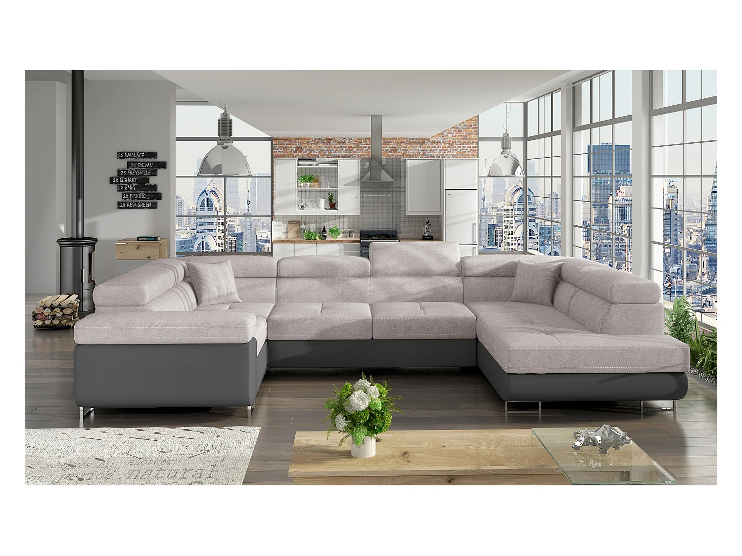 Canapé convertible panoramique TOVY tissu et simili cuir - têtières réglables-Gris/Gris clair-Coffre à droite