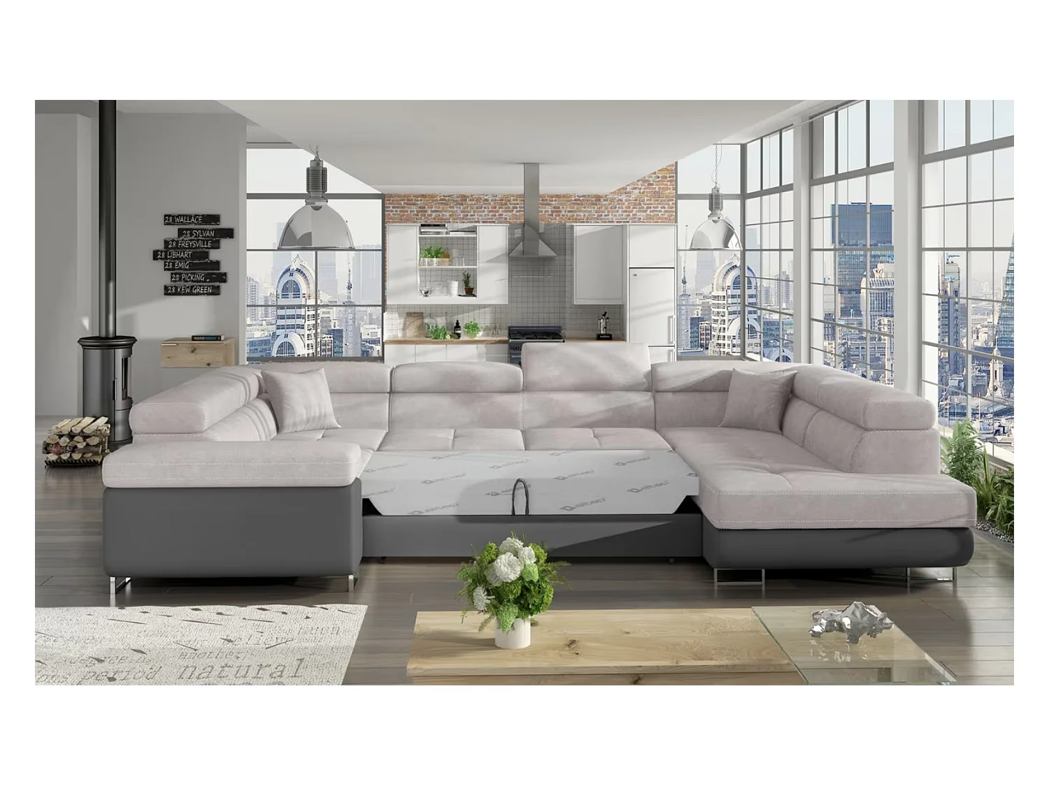 Canapé convertible panoramique TOVY tissu et simili cuir - têtières réglables-Gris/Gris clair-Coffre à droite