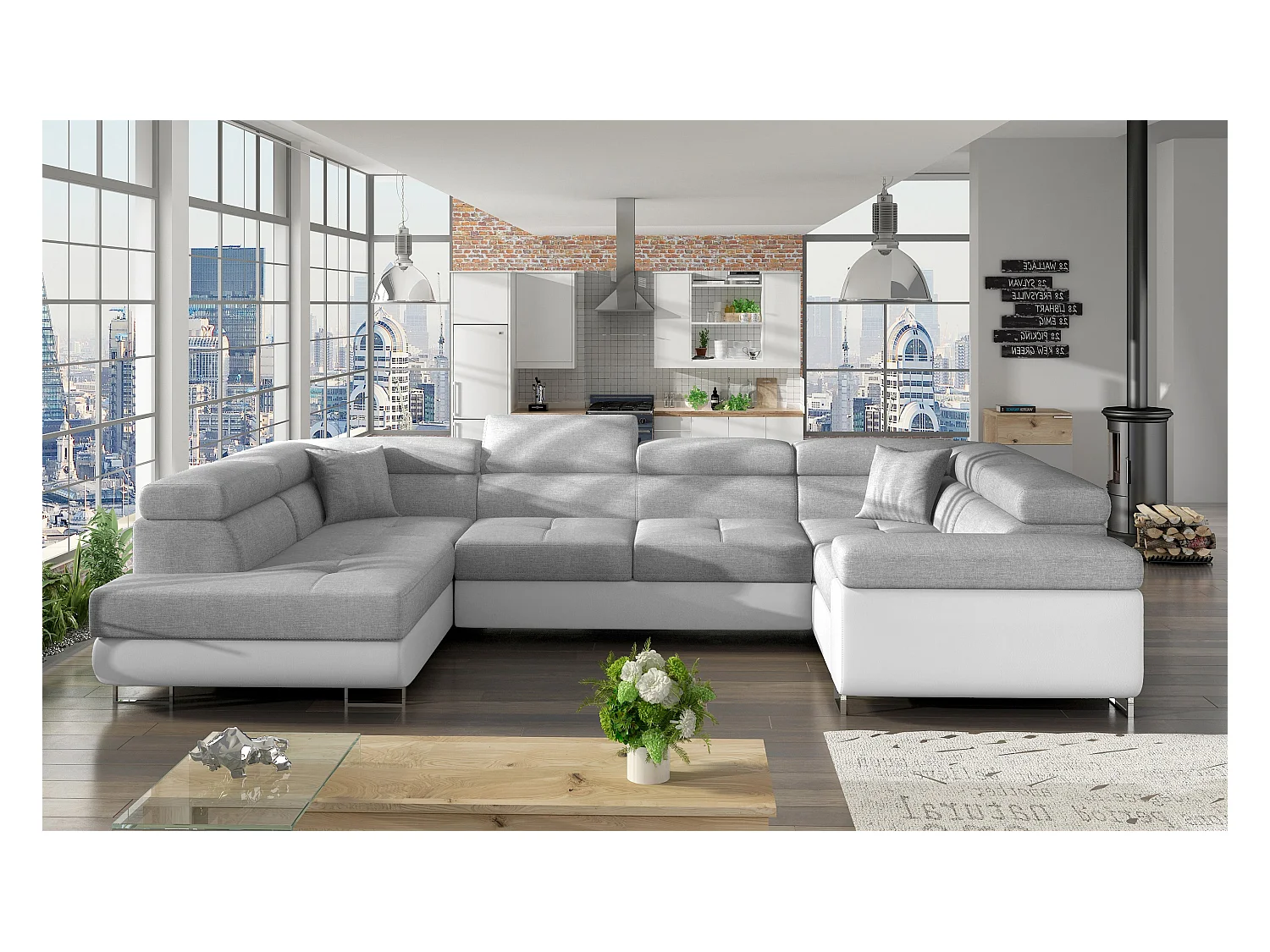 Canapé convertible panoramique TOVY tissu et simili cuir - têtières réglables-Gris/Gris clair-Coffre à droite