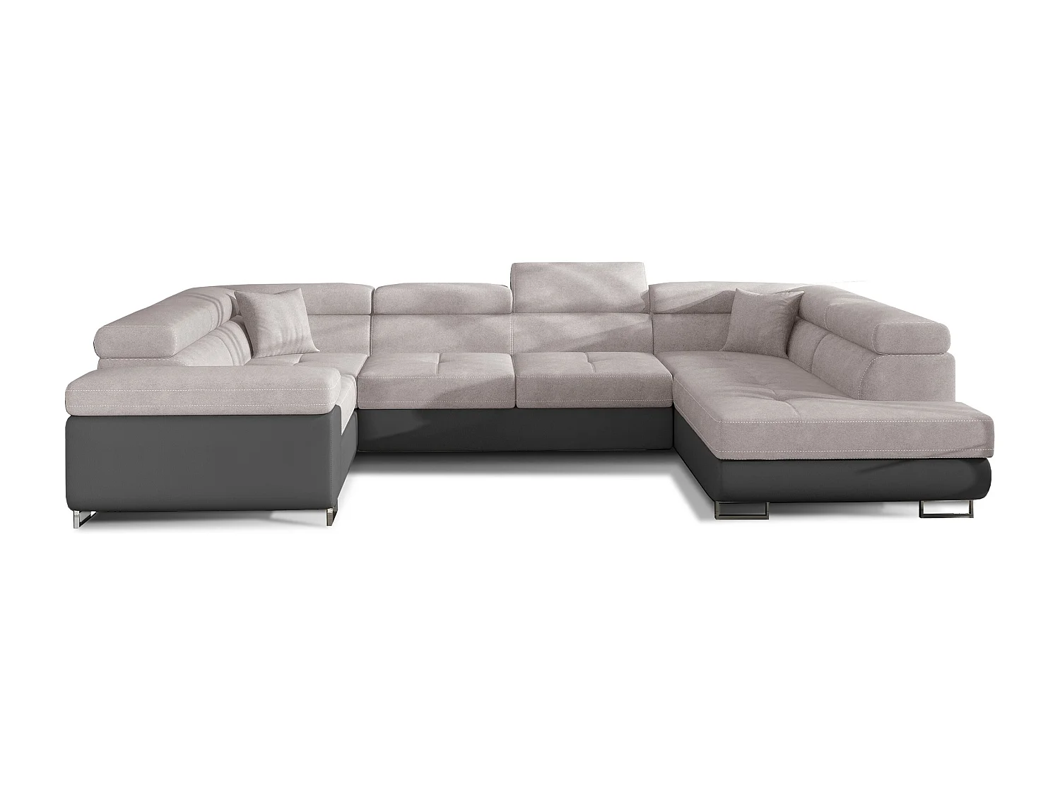 Canapé convertible panoramique TOVY tissu et simili cuir - têtières réglables-Gris/Gris clair-Coffre à droite