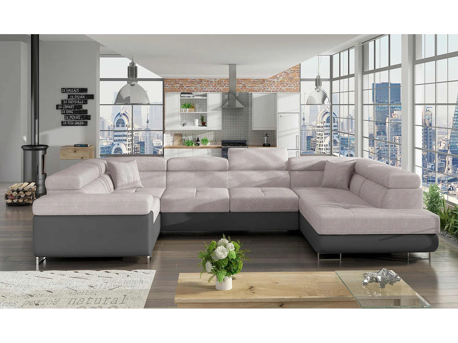 Canapé convertible panoramique TOVY tissu et simili cuir - têtières réglables-Gris/Gris clair-Coffre à droite