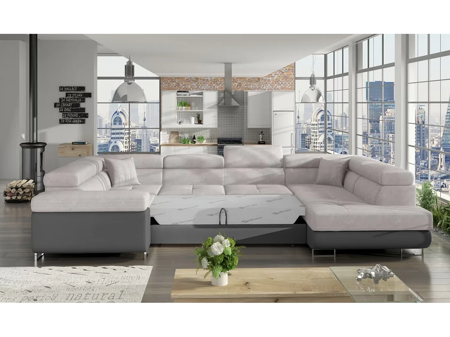 Canapé convertible panoramique TOVY tissu et simili cuir - têtières réglables-Gris/Gris clair-Coffre à droite