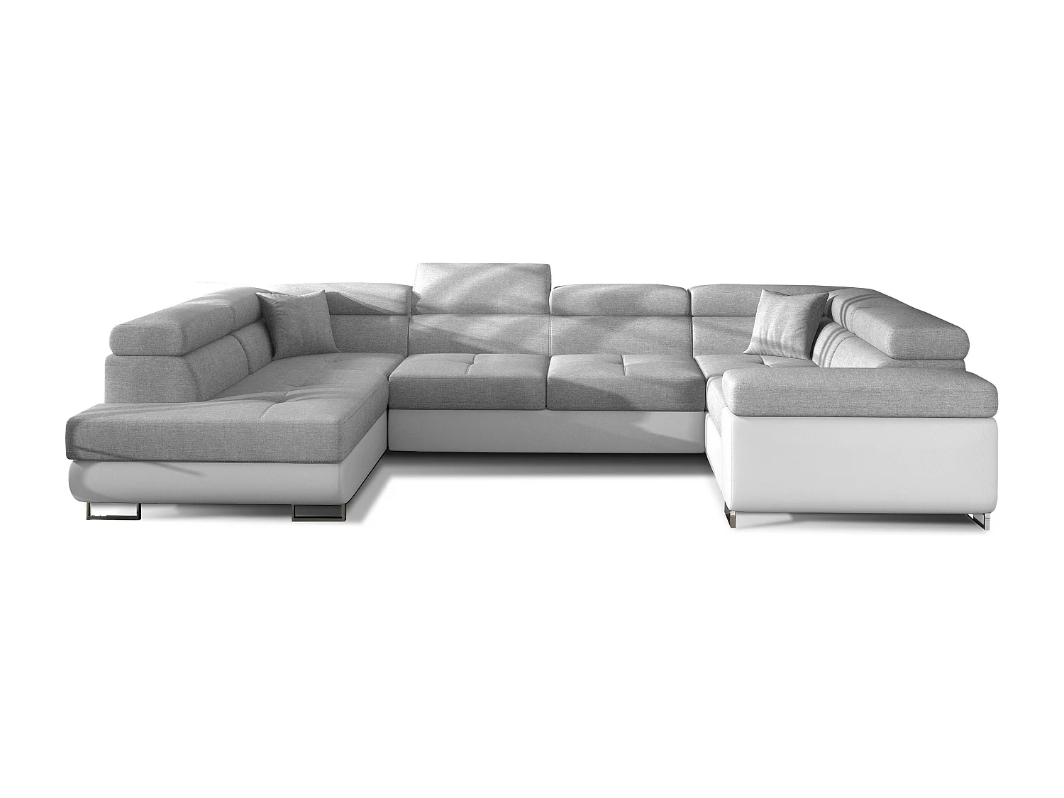 Canapé convertible panoramique TOVY tissu et simili cuir - têtières réglables-Gris/Gris clair-Coffre à droite