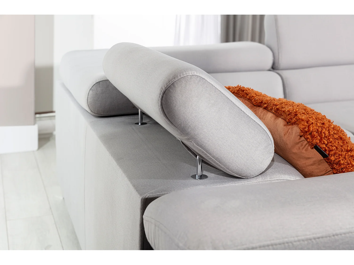 Canapé convertible panoramique TOVY tissu et simili cuir - têtières réglables-Gris/Gris clair-Coffre à droite