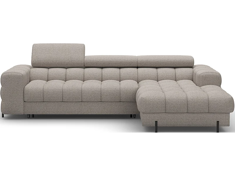 Canapé d’angle convertible tissu appuis-tête réglables KATE – Coffre et pieds métal noir-Beige-angle droit