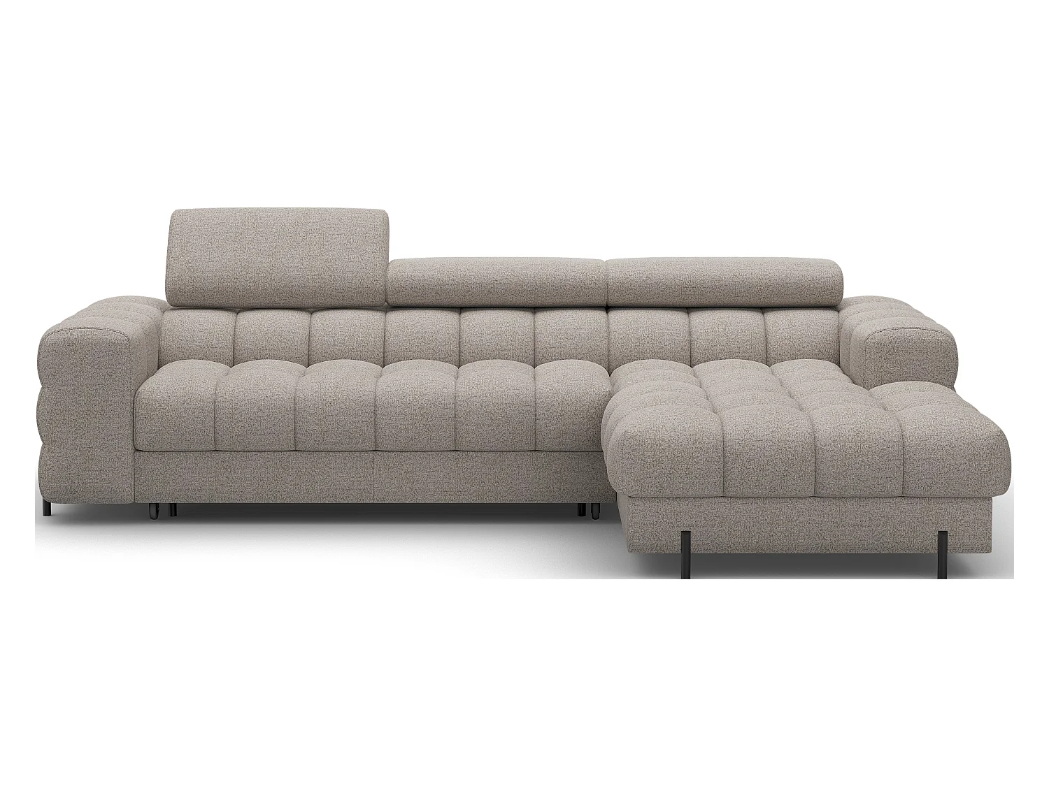 Canapé d’angle convertible tissu appuis-tête réglables KATE – Coffre et pieds métal noir-Beige-angle droit