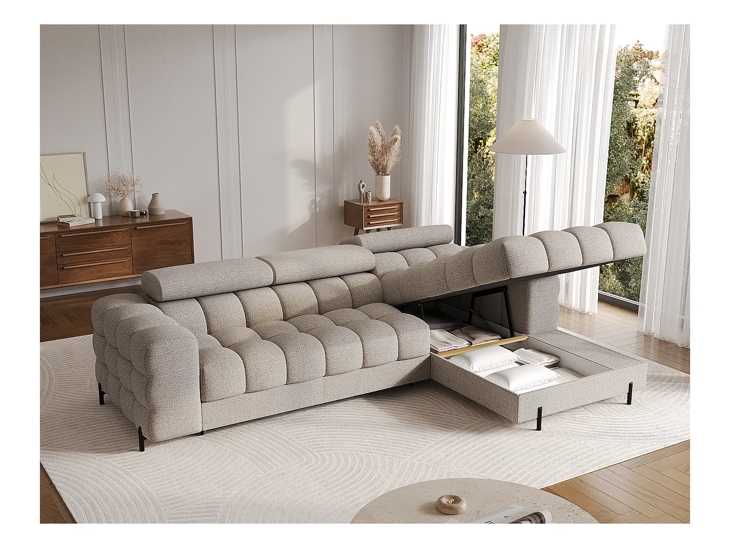 Canapé d’angle convertible tissu appuis-tête réglables KATE – Coffre et pieds métal noir-Beige-angle droit