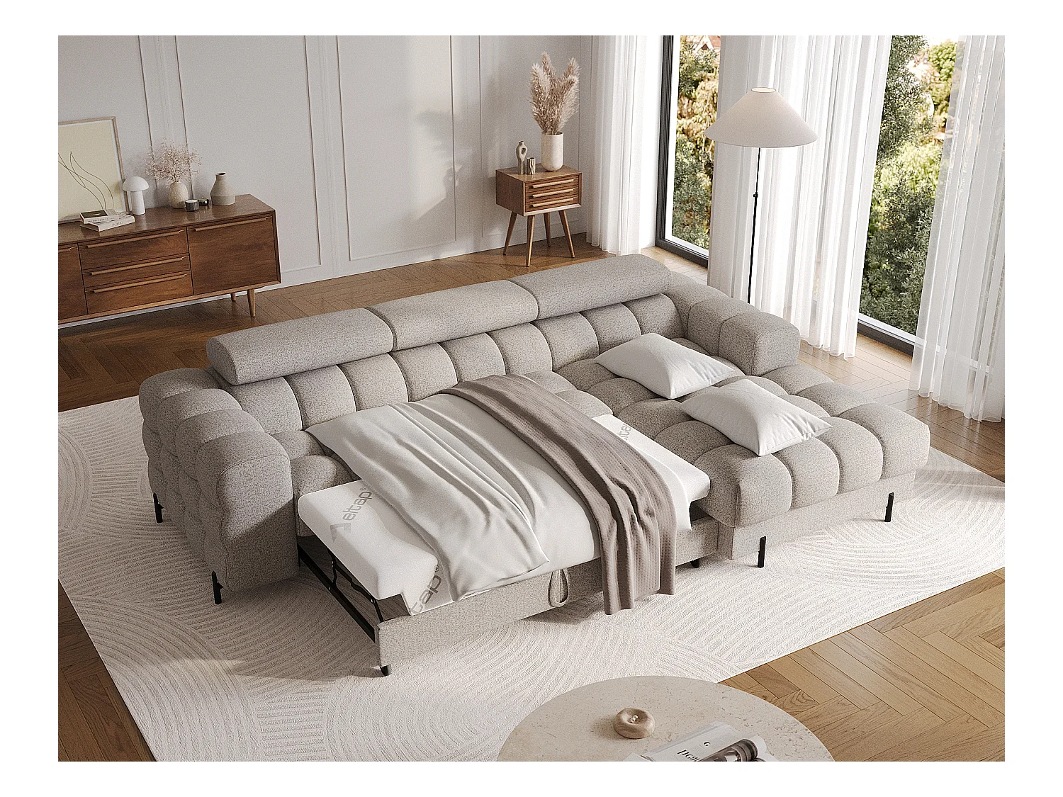 Canapé d’angle convertible tissu appuis-tête réglables KATE – Coffre et pieds métal noir-Beige-angle droit