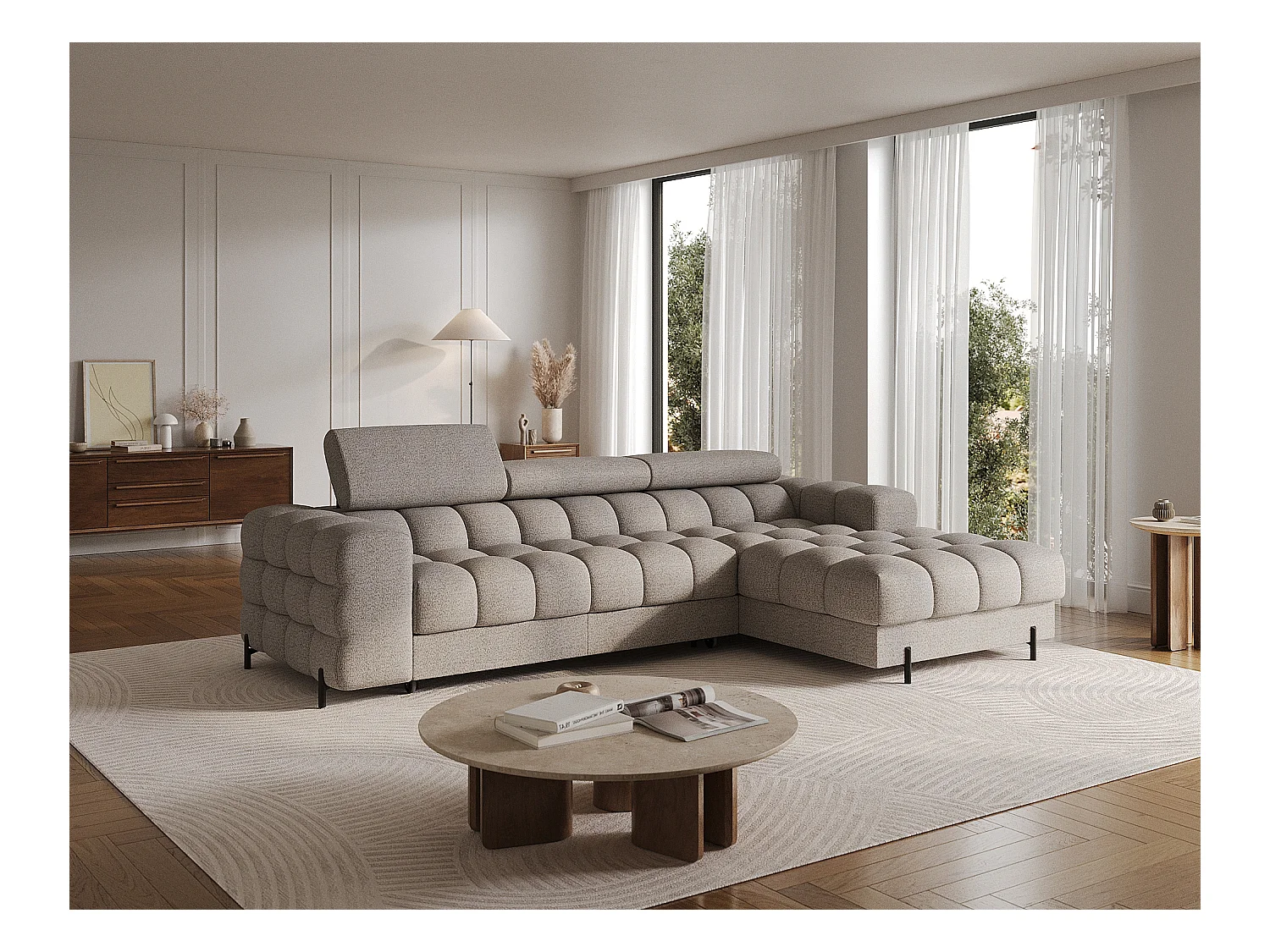 Canapé d’angle convertible tissu appuis-tête réglables KATE – Coffre et pieds métal noir-Beige-angle droit