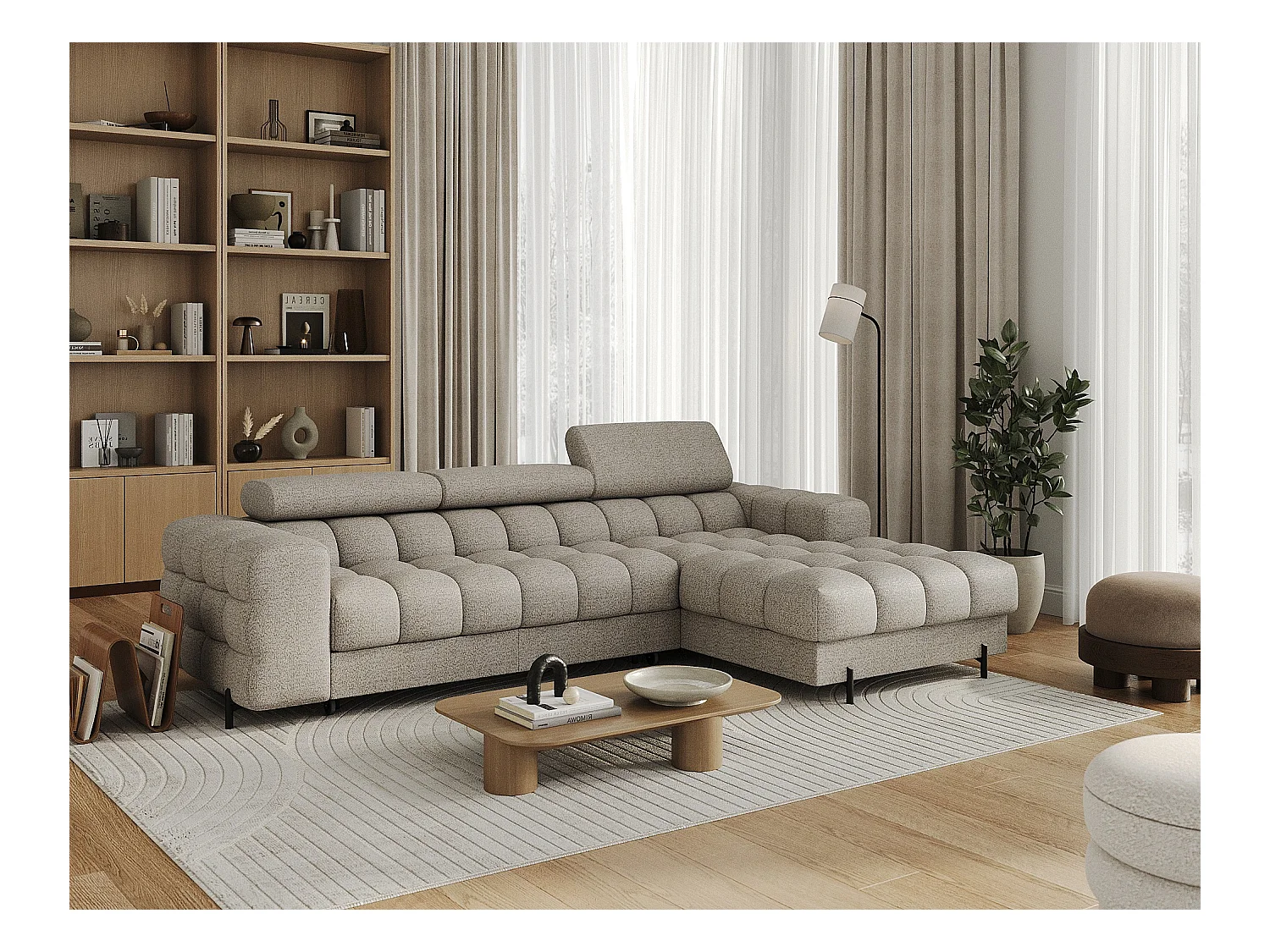 Canapé d’angle convertible tissu appuis-tête réglables KATE – Coffre et pieds métal noir-Beige-angle droit