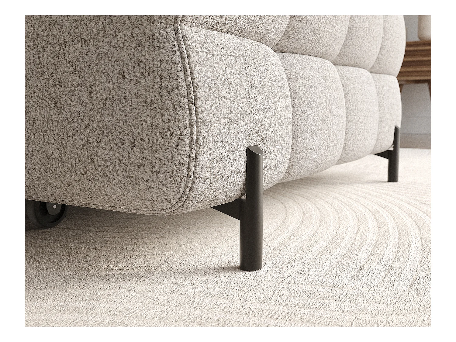 Canapé d’angle convertible tissu appuis-tête réglables KATE – Coffre et pieds métal noir-Beige-angle droit