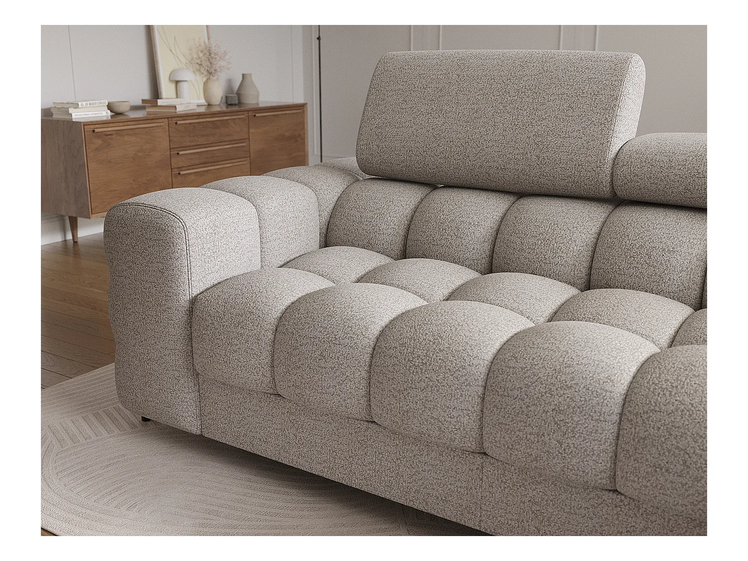 Canapé d’angle convertible tissu appuis-tête réglables KATE – Coffre et pieds métal noir-Beige-angle droit