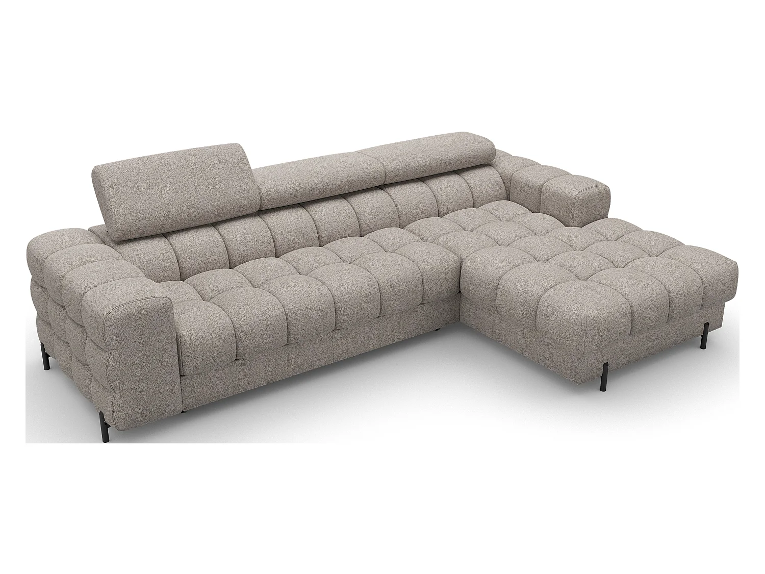 Canapé d’angle convertible tissu appuis-tête réglables KATE – Coffre et pieds métal noir-Beige-angle droit