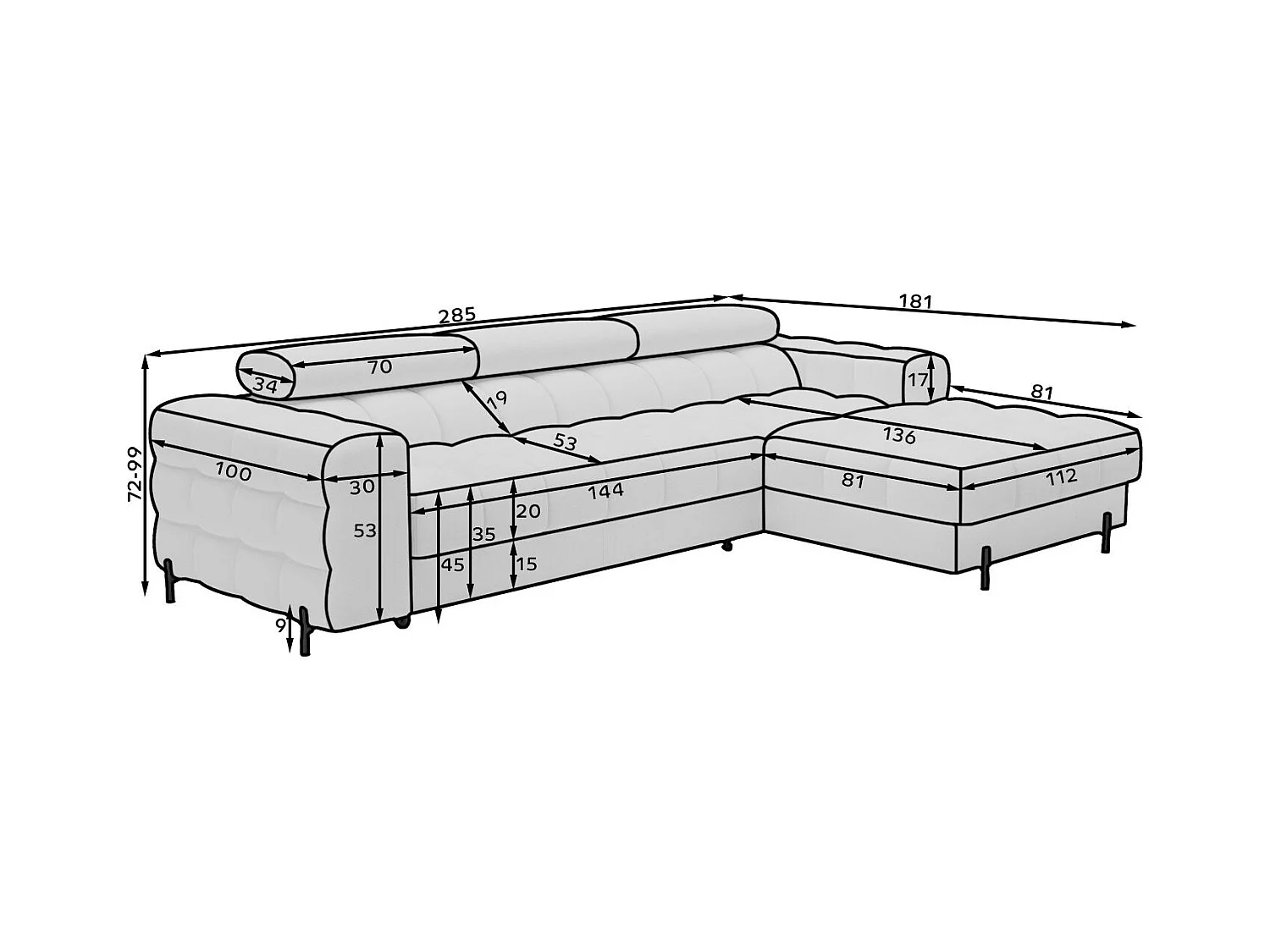 Canapé d’angle convertible tissu appuis-tête réglables KATE – Coffre et pieds métal noir-Beige-angle droit