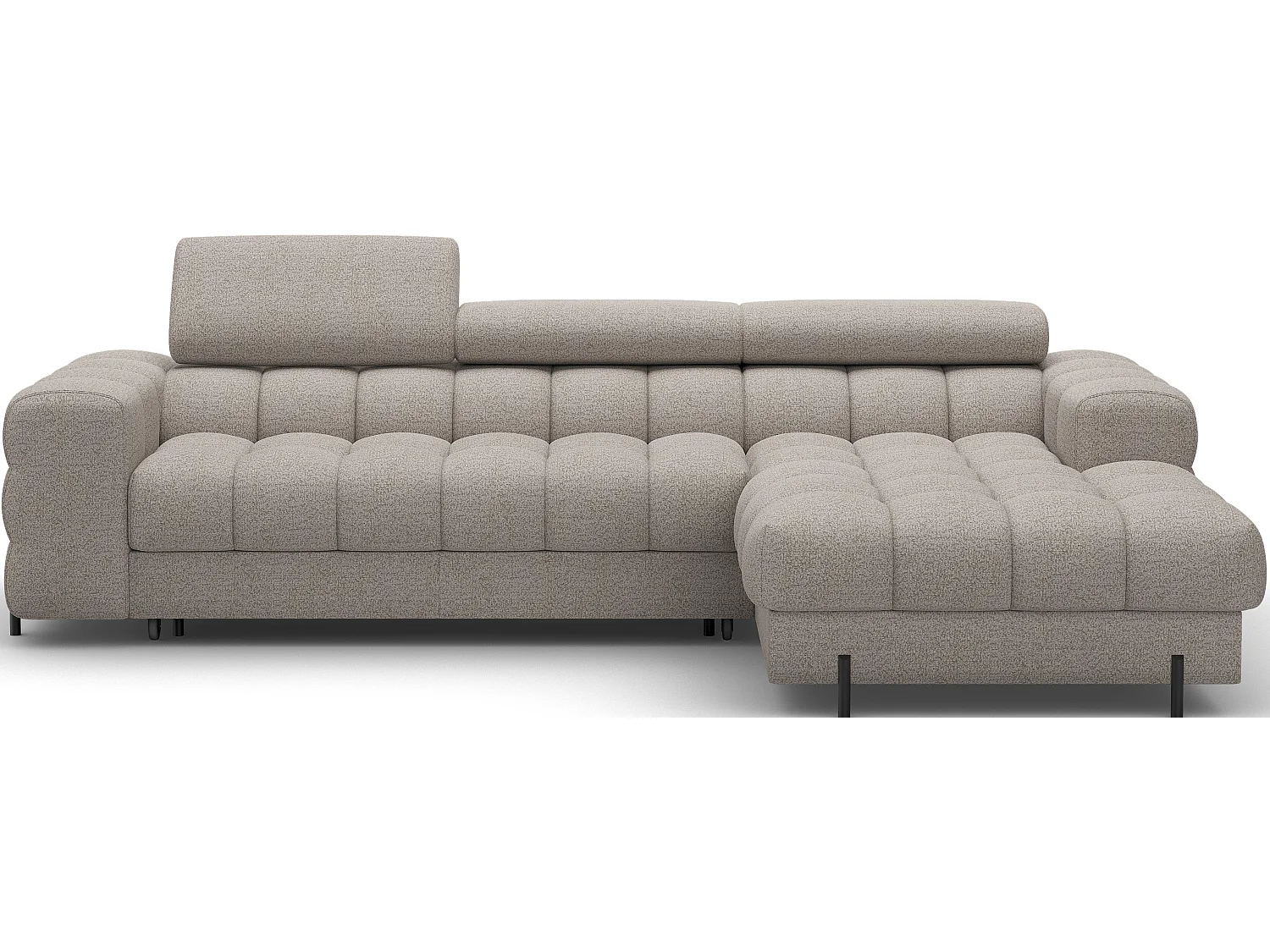 Canapé d’angle convertible tissu appuis-tête réglables KATE – Coffre et pieds métal noir-Beige-angle droit