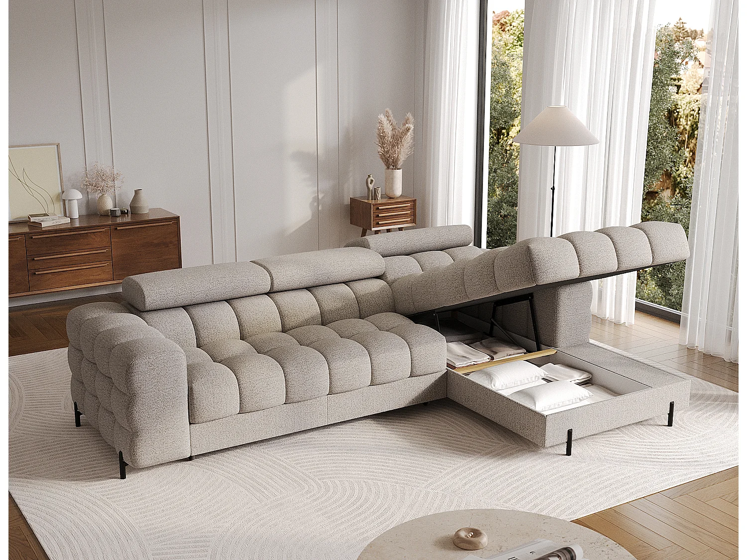 Canapé d’angle convertible tissu appuis-tête réglables KATE – Coffre et pieds métal noir-Beige-angle droit