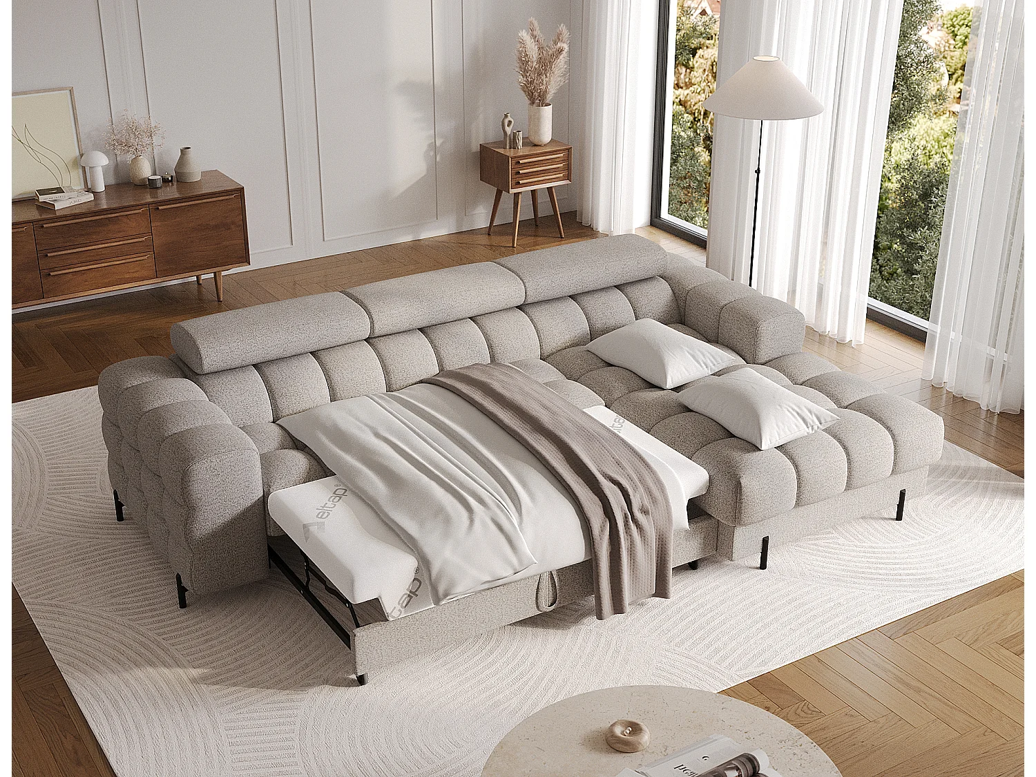 Canapé d’angle convertible tissu appuis-tête réglables KATE – Coffre et pieds métal noir-Beige-angle droit