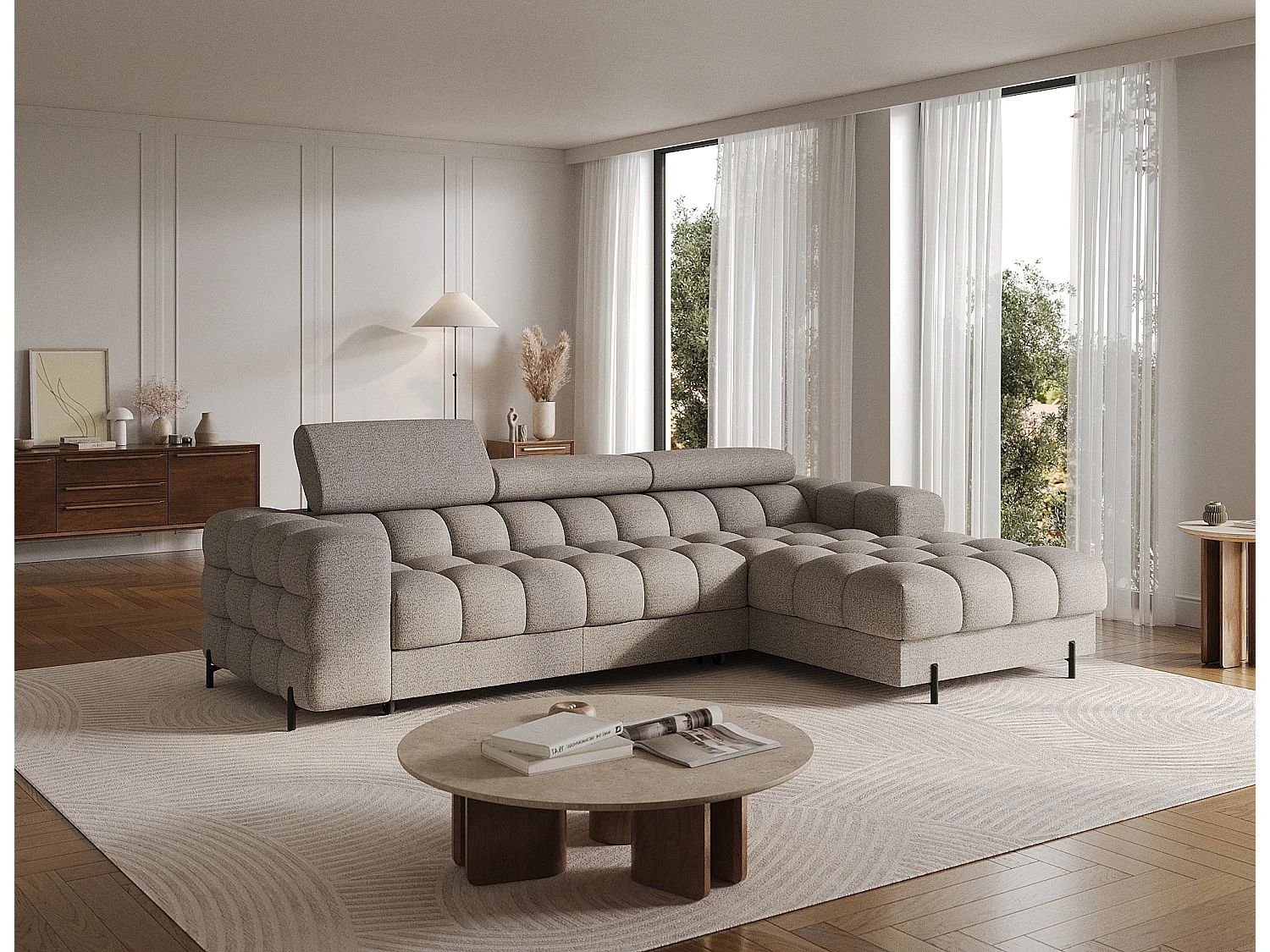 Canapé d’angle convertible tissu appuis-tête réglables KATE – Coffre et pieds métal noir-Beige-angle droit