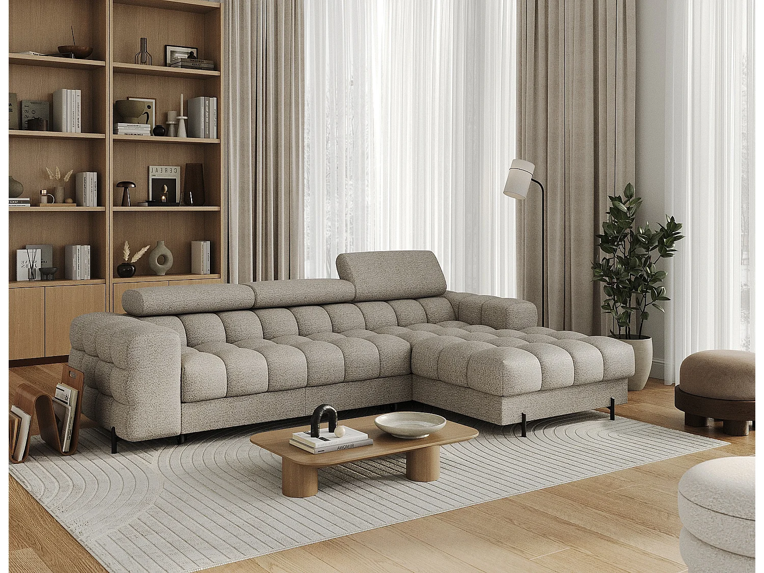 Canapé d’angle convertible tissu appuis-tête réglables KATE – Coffre et pieds métal noir-Beige-angle droit