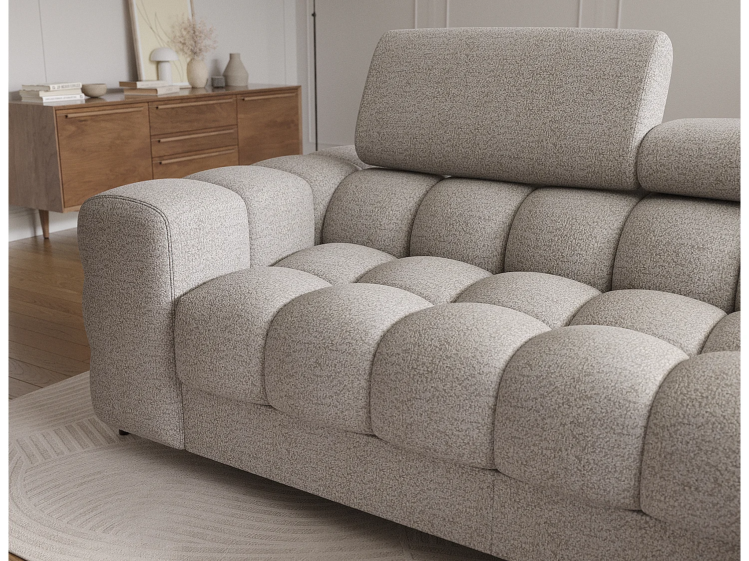 Canapé d’angle convertible tissu appuis-tête réglables KATE – Coffre et pieds métal noir-Beige-angle droit