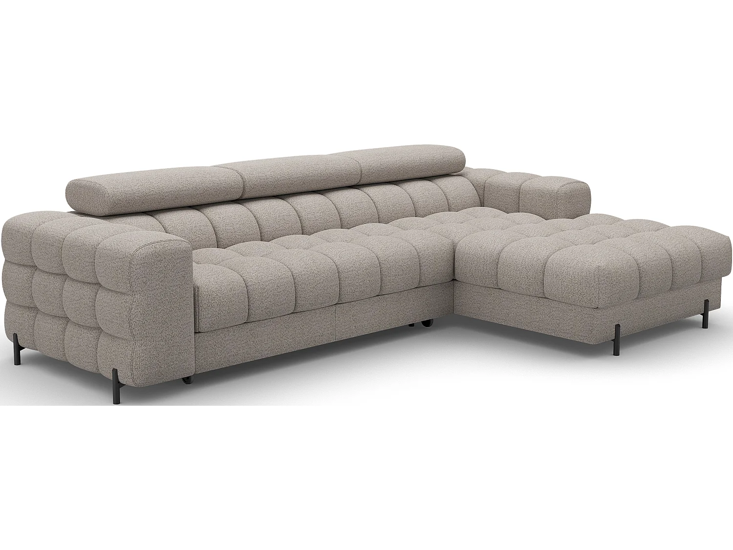 Canapé d’angle convertible tissu appuis-tête réglables KATE – Coffre et pieds métal noir-Beige-angle droit