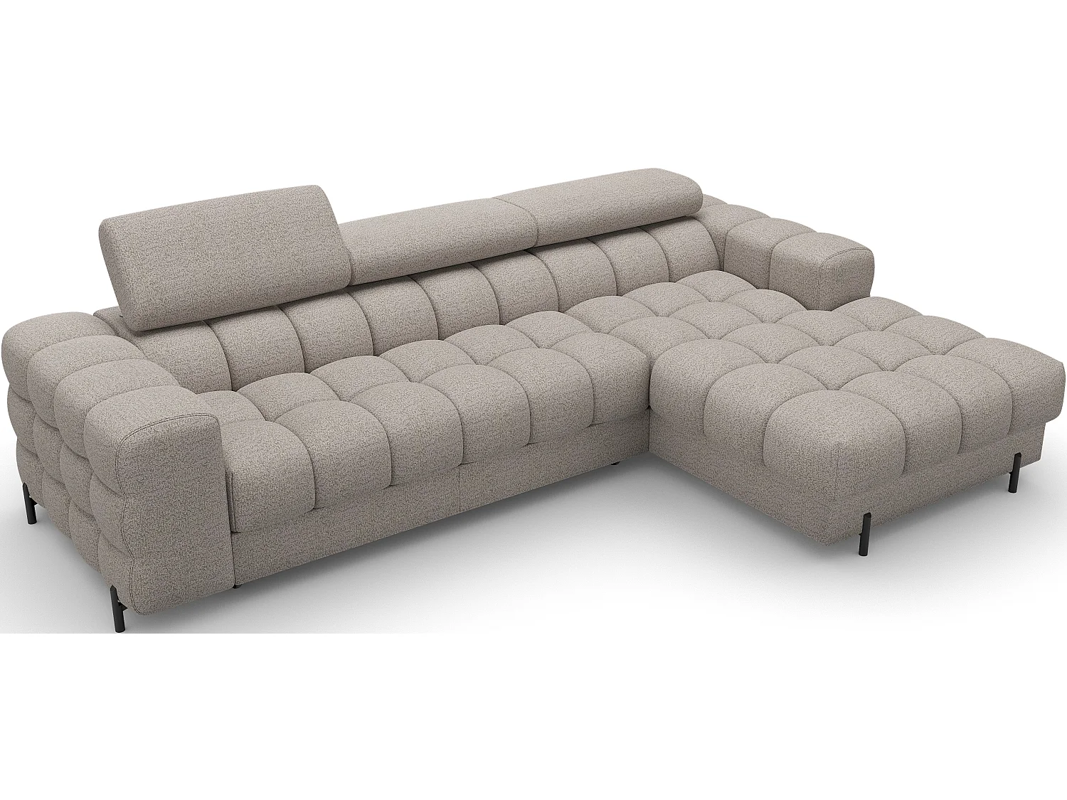 Canapé d’angle convertible tissu appuis-tête réglables KATE – Coffre et pieds métal noir-Beige-angle droit