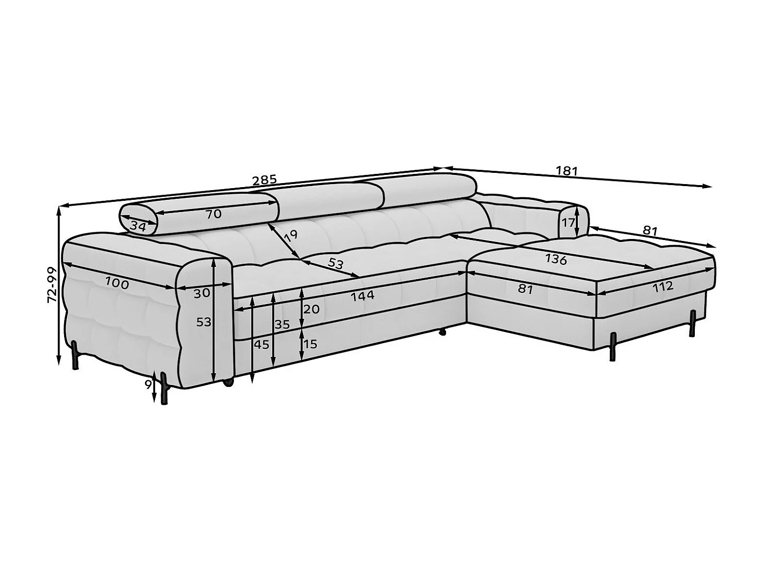 Canapé d’angle convertible tissu appuis-tête réglables KATE – Coffre et pieds métal noir-Beige-angle droit