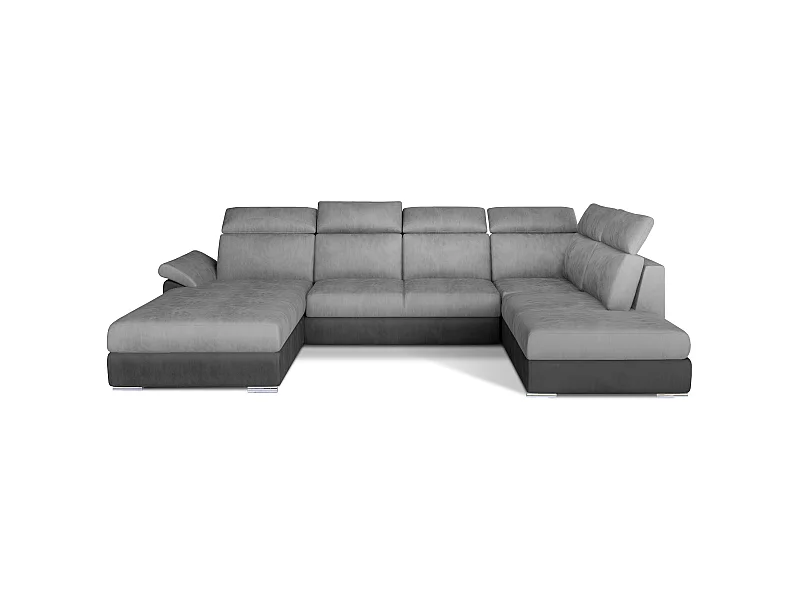 Canapé panoramique convertible LEVANO velours - Rangement et appuie-têtes réglables-Gris/Gris clair-Coffre à gauche