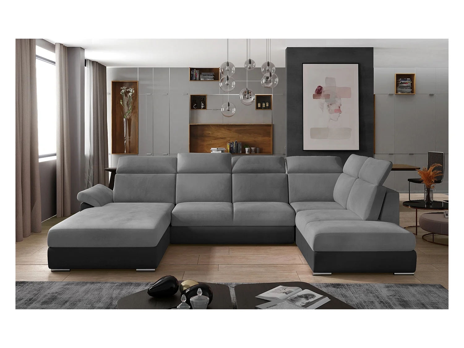 Canapé panoramique convertible LEVANO velours - Rangement et appuie-têtes réglables-Gris/Gris clair-Coffre à gauche