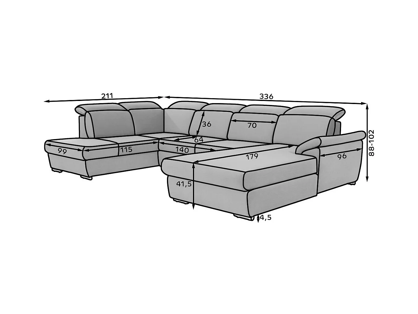 Canapé panoramique convertible LEVANO velours - Rangement et appuie-têtes réglables-Gris/Gris clair-Coffre à gauche