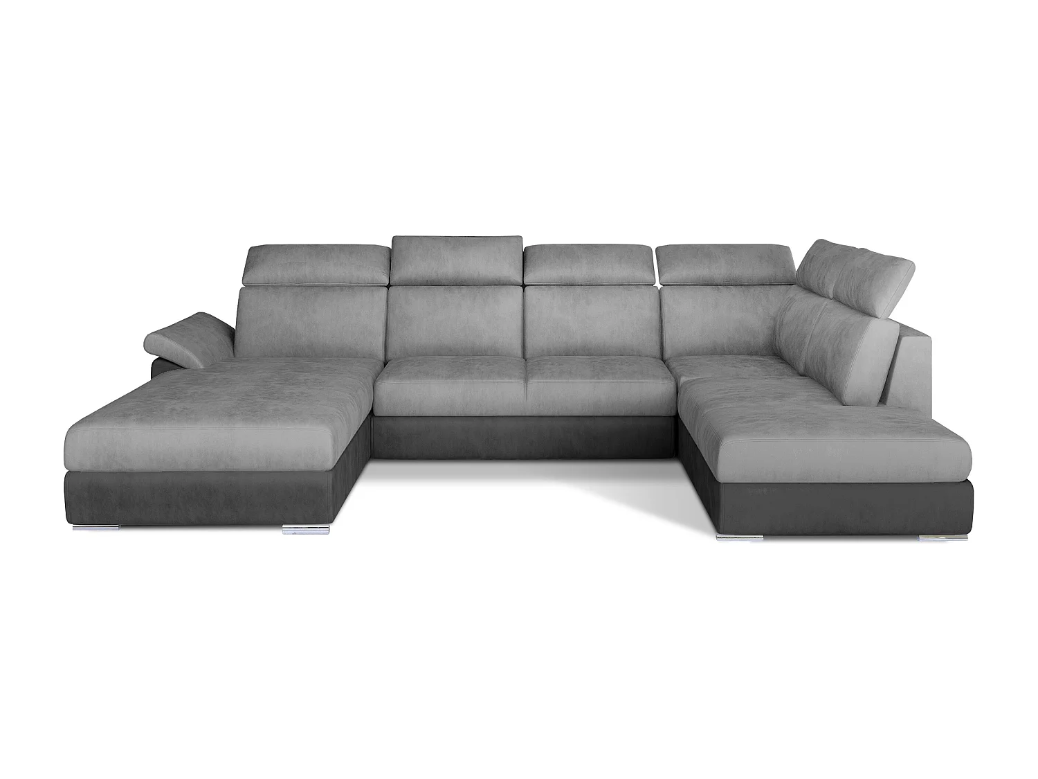 Canapé panoramique convertible LEVANO velours - Rangement et appuie-têtes réglables-Gris/Gris clair-Coffre à gauche