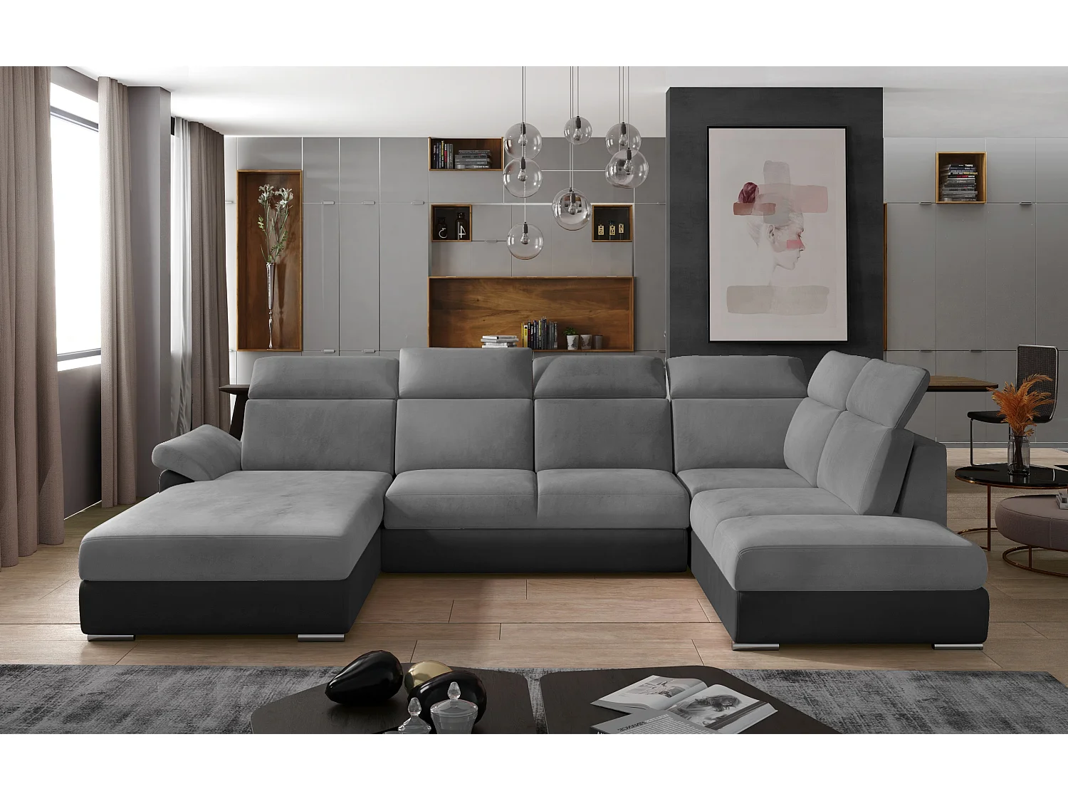 Canapé panoramique convertible LEVANO velours - Rangement et appuie-têtes réglables-Gris/Gris clair-Coffre à gauche