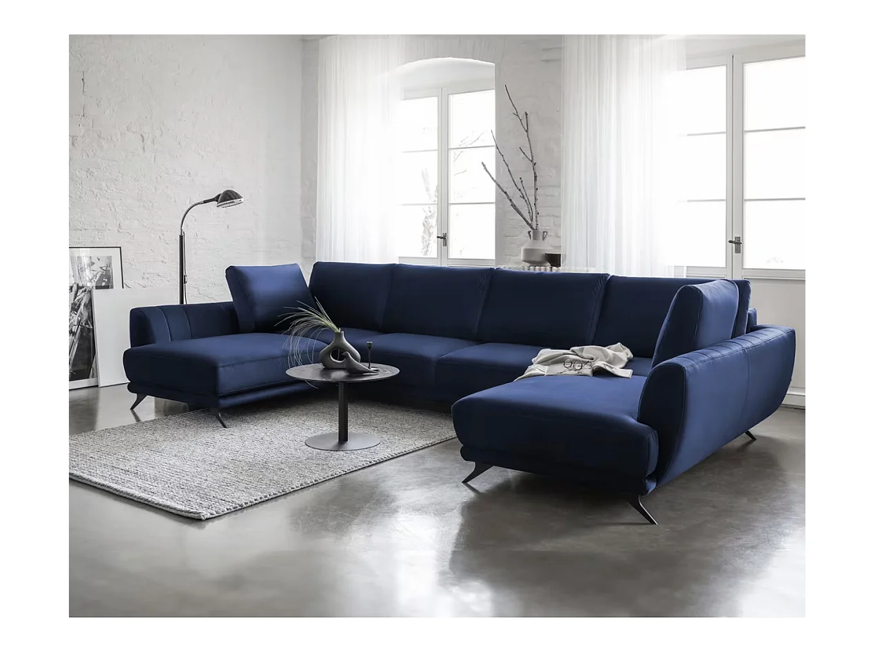 Canapé panoramique convertible LARGOS - Velours irrésistiblement douillet-Bleu nuit
