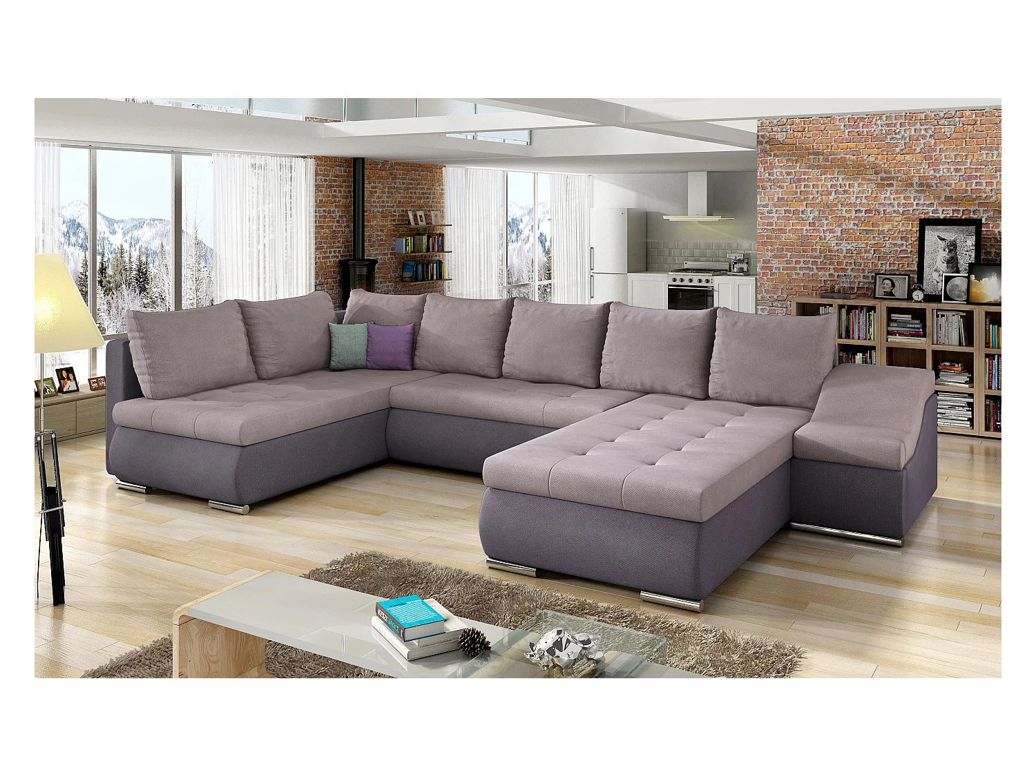 Canapé panoramique convertible JONAZ simili cuir, tissu - Rangement integré-Mauve/Rose clair-Méridienne A droite