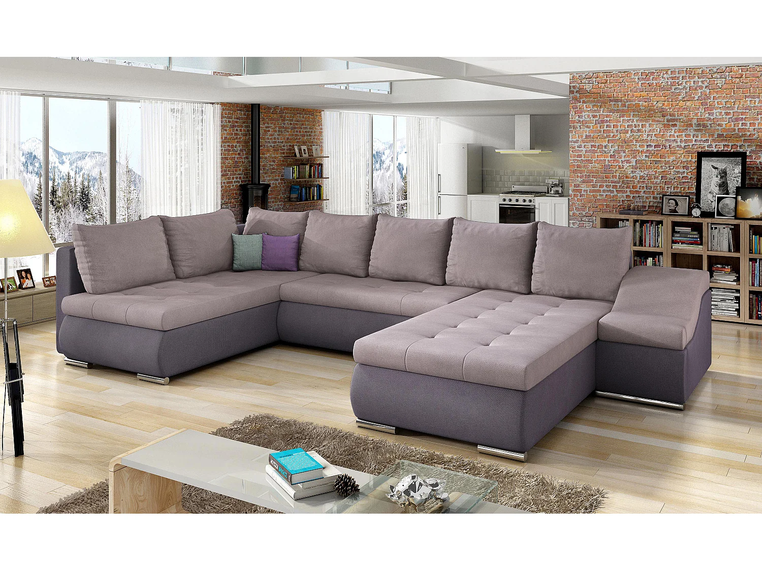 Canapé panoramique convertible JONAZ simili cuir, tissu - Rangement integré-Mauve/Rose clair-Méridienne A droite