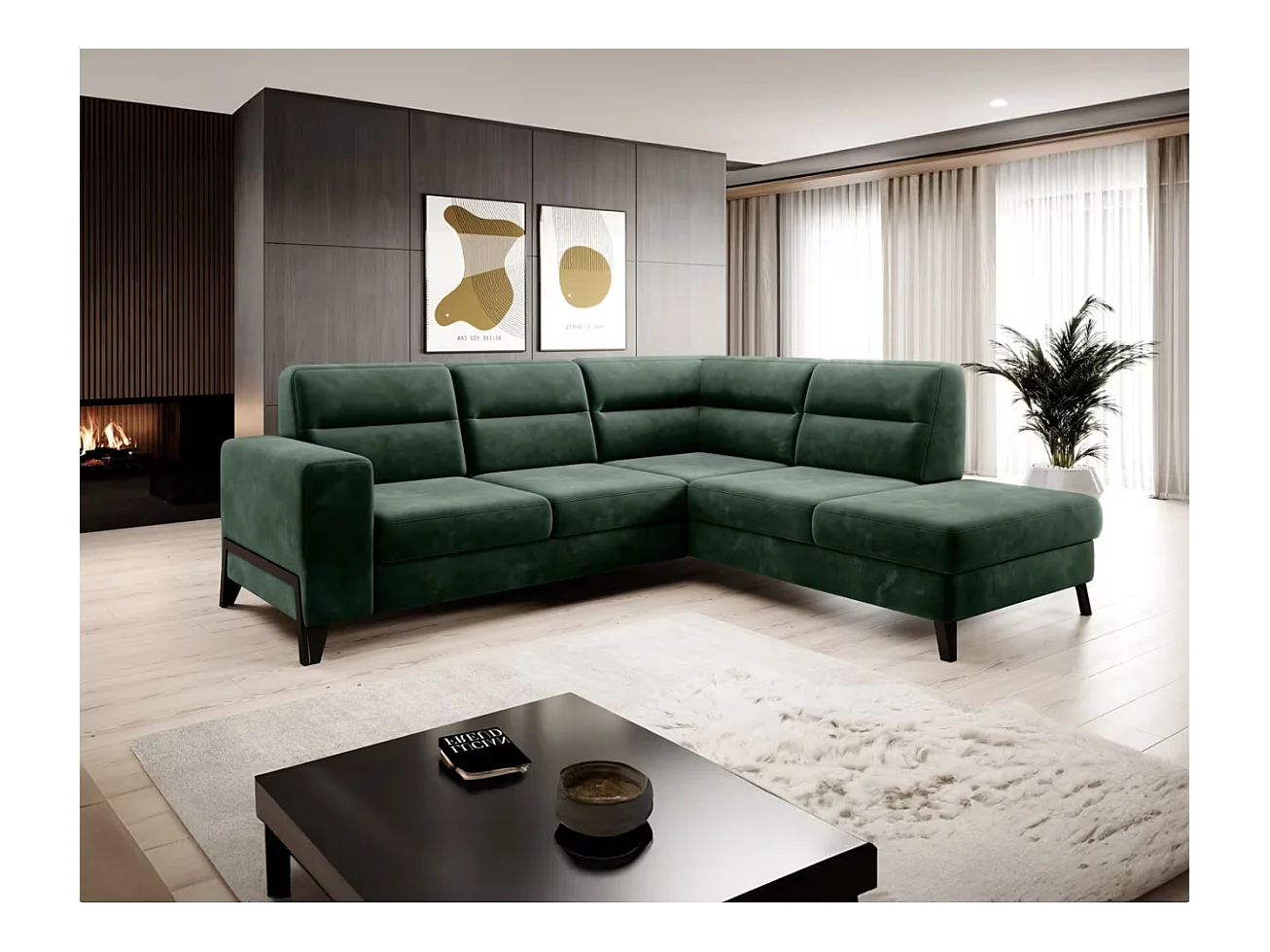 Canapé d'angle convertible tissu KAZAL - Dossiers réglables et pieds acier noir-Vert épinard-angle droit