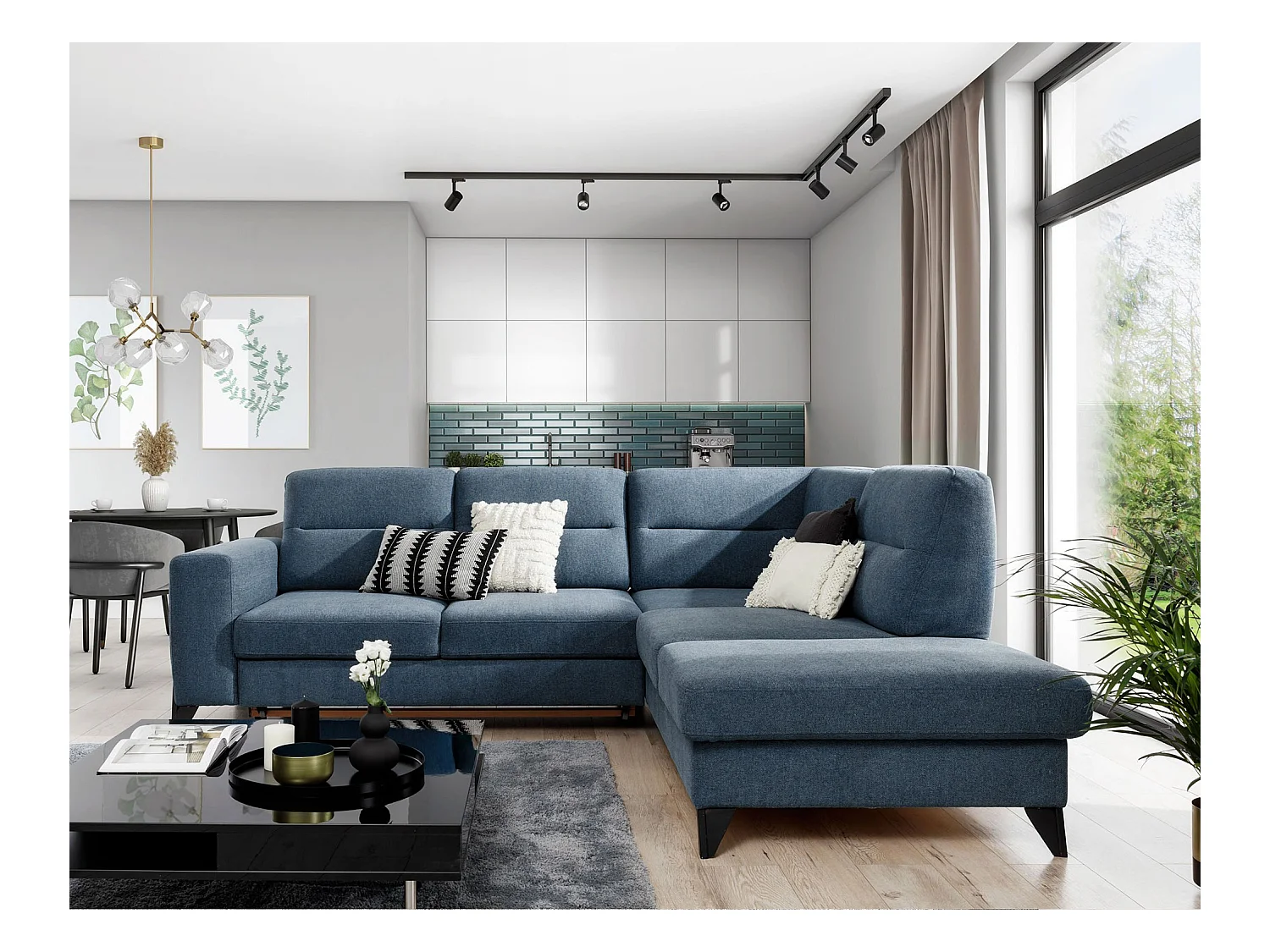 Canapé d'angle convertible tissu KAZAL - Dossiers réglables et pieds acier noir-Vert épinard-angle droit