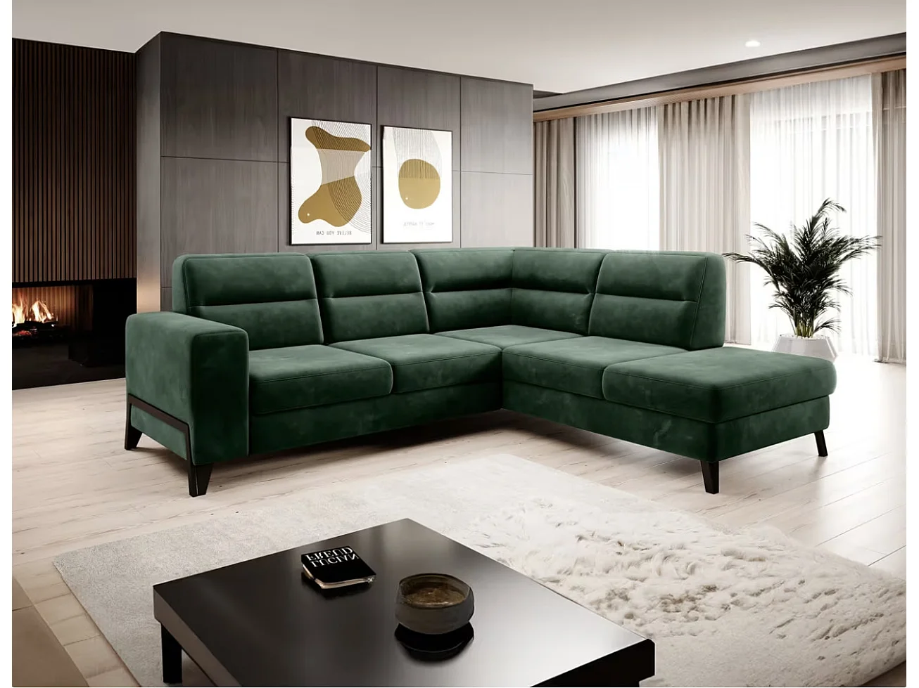 Canapé d'angle convertible tissu KAZAL - Dossiers réglables et pieds acier noir-Vert épinard-angle droit