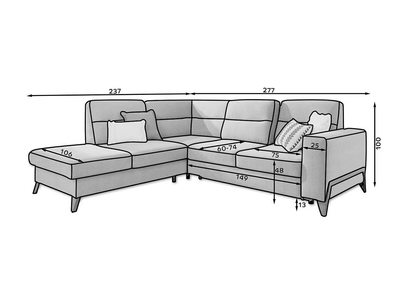 Canapé d'angle convertible tissu KAZAL - Dossiers réglables et pieds acier noir-Vert épinard-angle droit