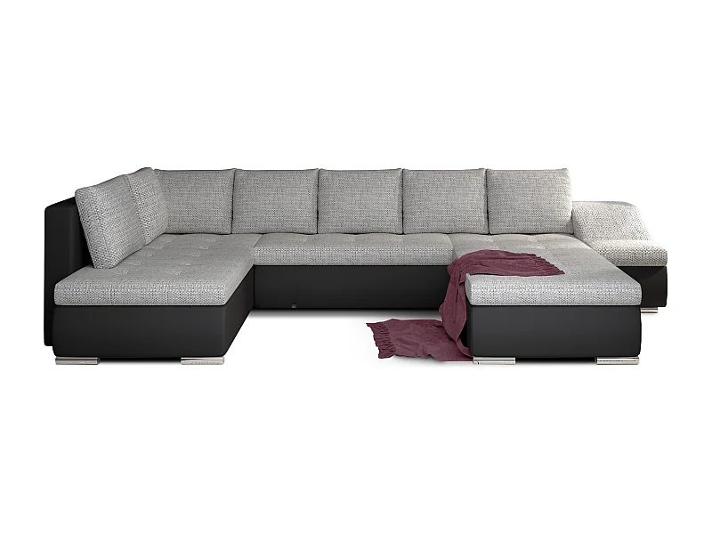 Canapé panoramique convertible JONAZ simili cuir, tissu - Rangement integré-Noir/Gris clair chiné-Méridienne A droite